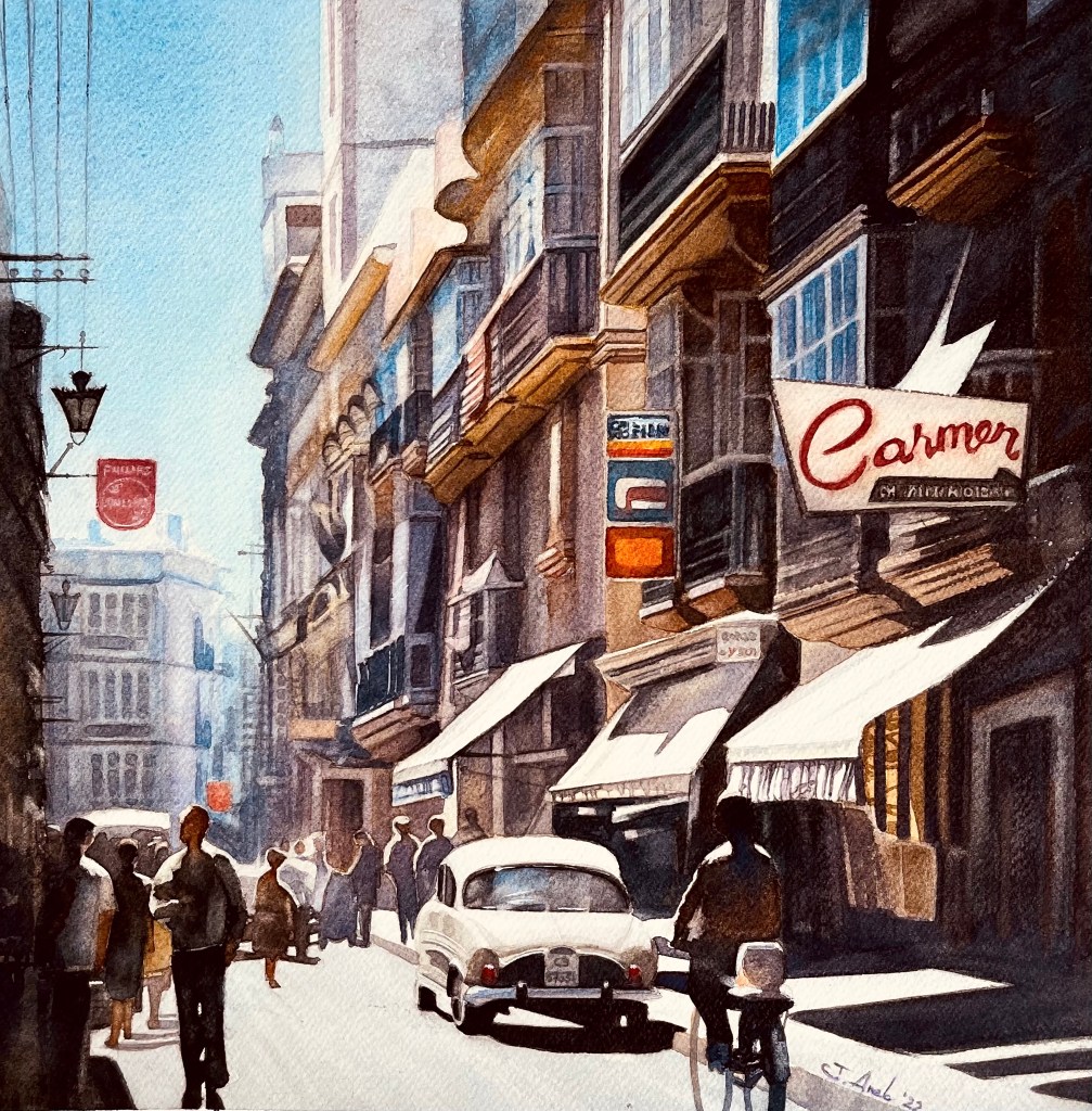 Traditional Watercolor painting of Calle Ancha in Cádiz, 1973 — warm light, historic architecture, and nostalgic atmosphere.