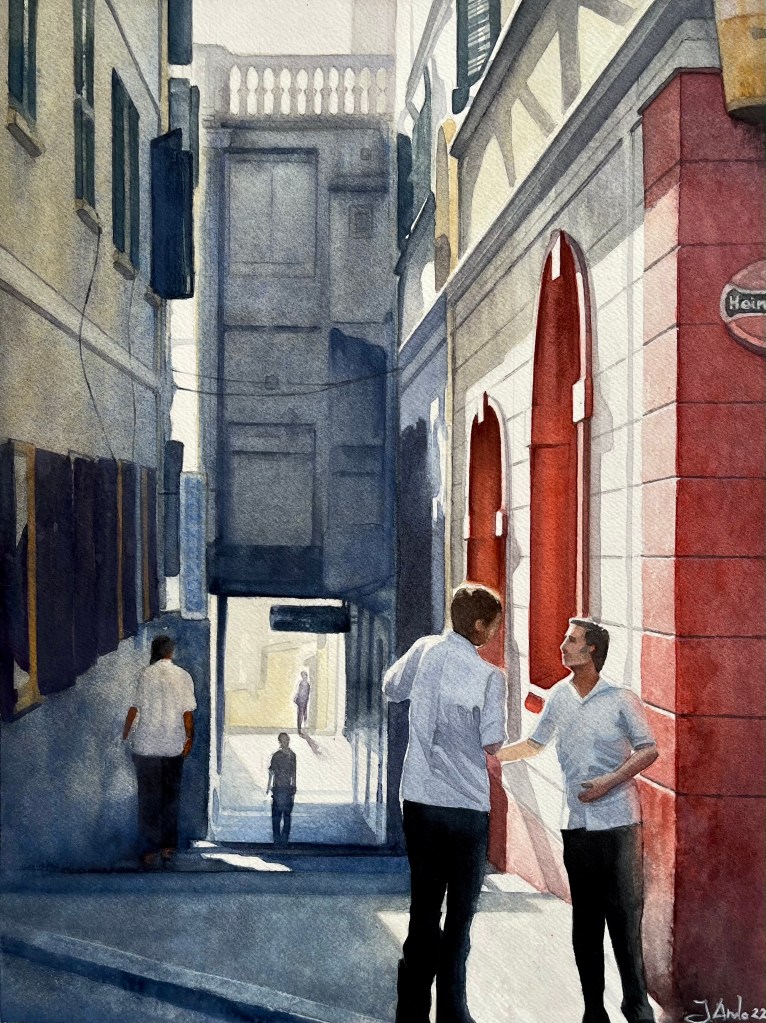 Watercolor painting of Church Lane in Gibraltar, featuring two figures greeting under sunlight with the Theater Royal in the distance.