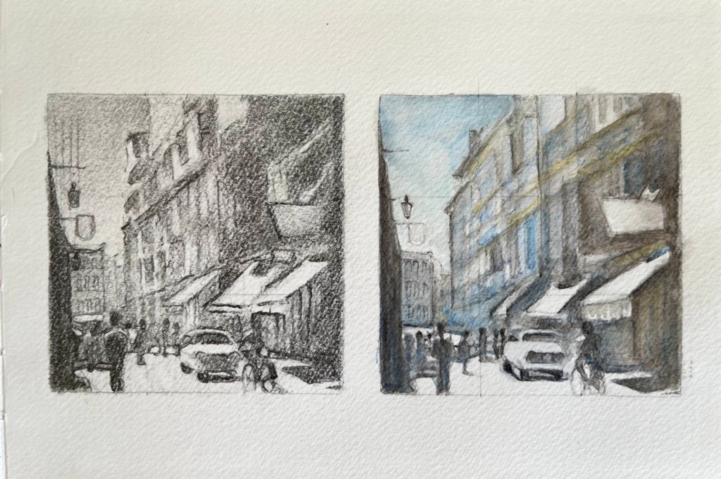 Preliminary pencil sketch and tonal study for the watercolor painting Calle Ancha, Cádiz