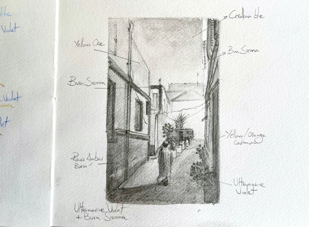 Quick pencil sketch with some notes about de colors. Graphite Aquarelle pencils on Hahnemule sketch book.