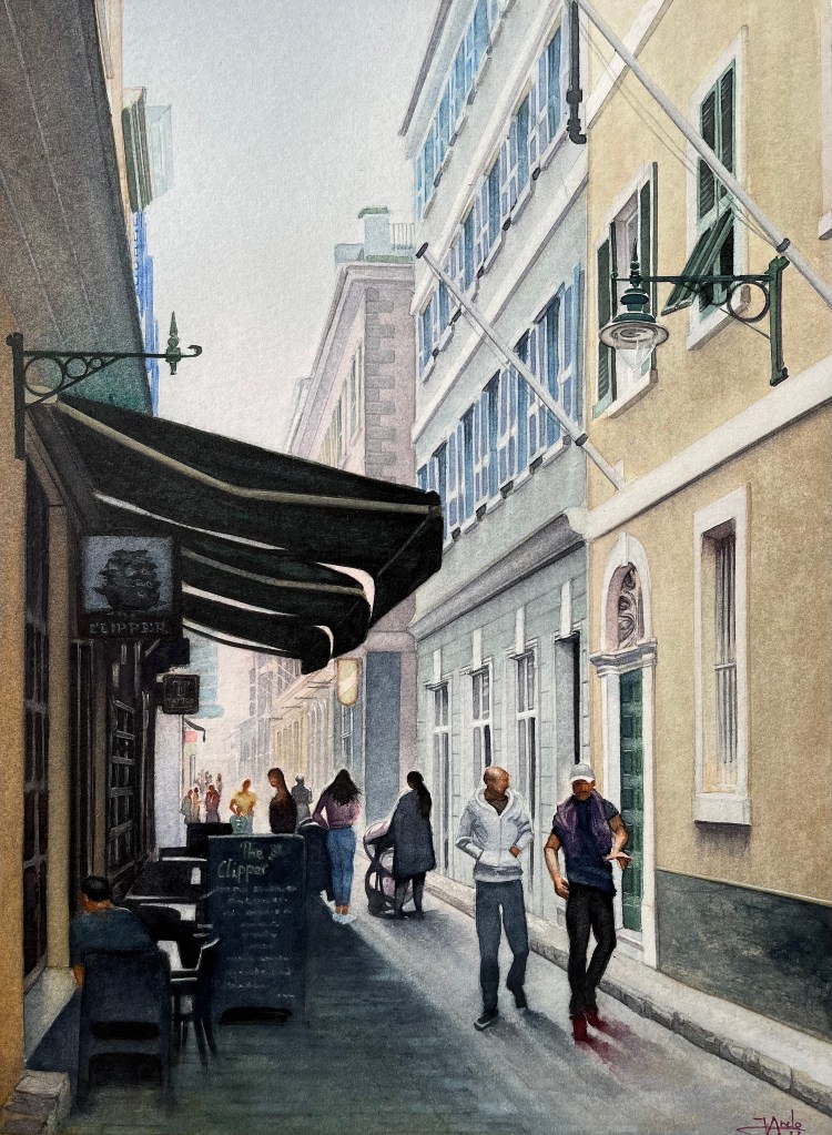 Watercolor painting of a street in Gibraltar on a cloudy day, reimagined with strong perspective and shadow contrasts.