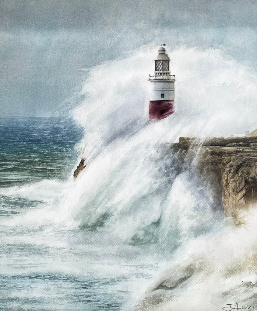 Watercolor painting of a stormy sea in Europa Point, Gibraltar, capturing the atmosphere and movement of the waves.