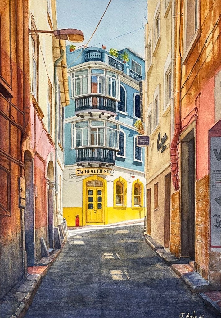Watercolor painting of a street in Gibraltar with strong light and shadow contrast, based on the Health Store building.
