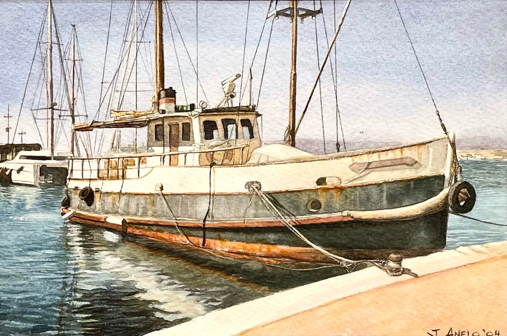 Watercolor painting of an abandoned fishing boat in Gibraltar Marina