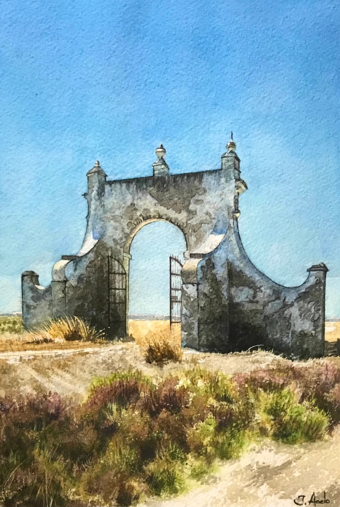 Watercolor painting of the old gate at Salina de Dolores, San Fernando, Cádiz.