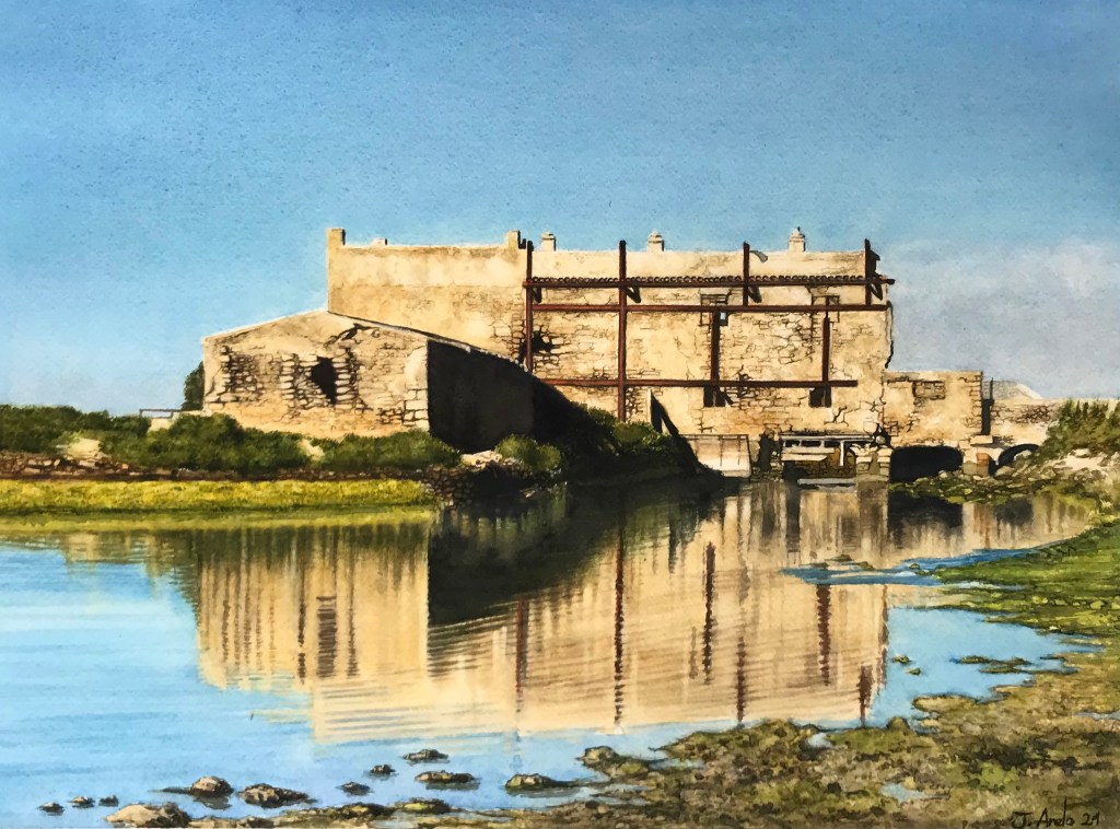 Watercolor painting of the tidal mill ruins of Río Arillo in San Fernando, Cádiz.