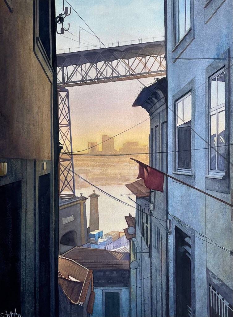 Large-format watercolor painting of Dom Luís I Bridge in Lisbon, showing steel structure, sky, and deep light contrasts