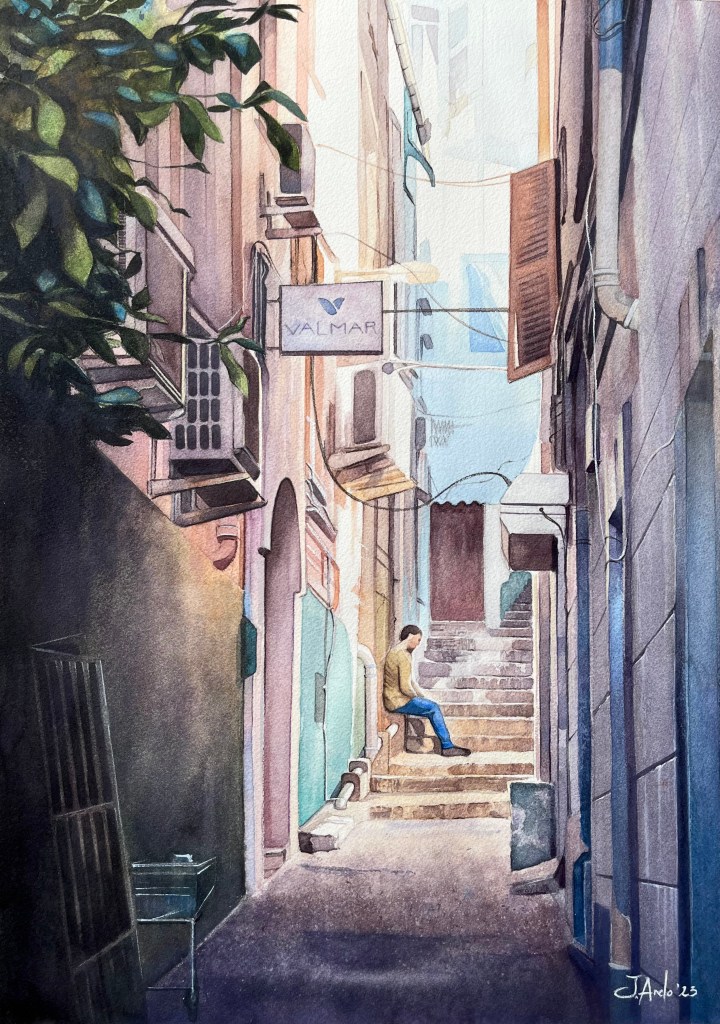 Watercolor painting of Lynch Lane in Gibraltar on a sunny day, capturing light, shade and urban detail.