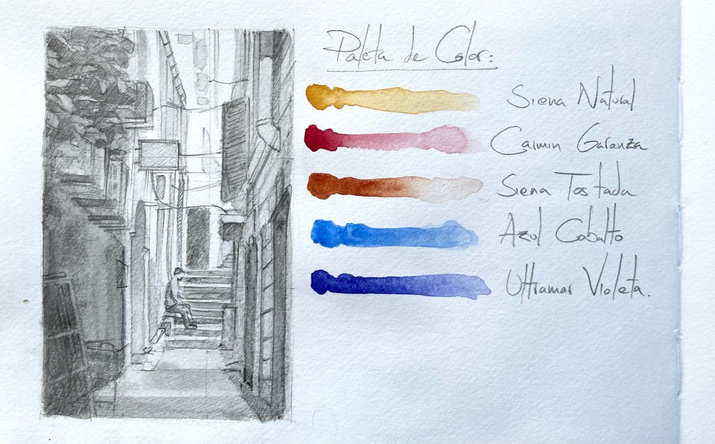 Preliminary urban watercolor sketch of Lynch Lane, part of the creative process behind the final painting.