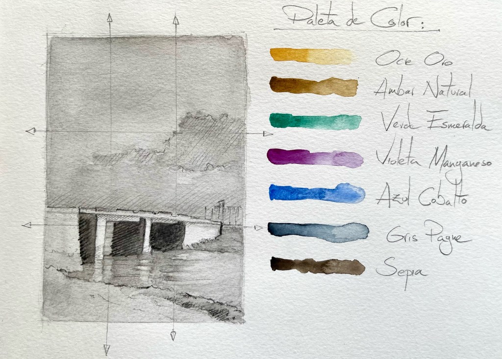 Preliminary sketch and color palette study for the watercolor painting “Puente Lavaera” by Juan Anelo.