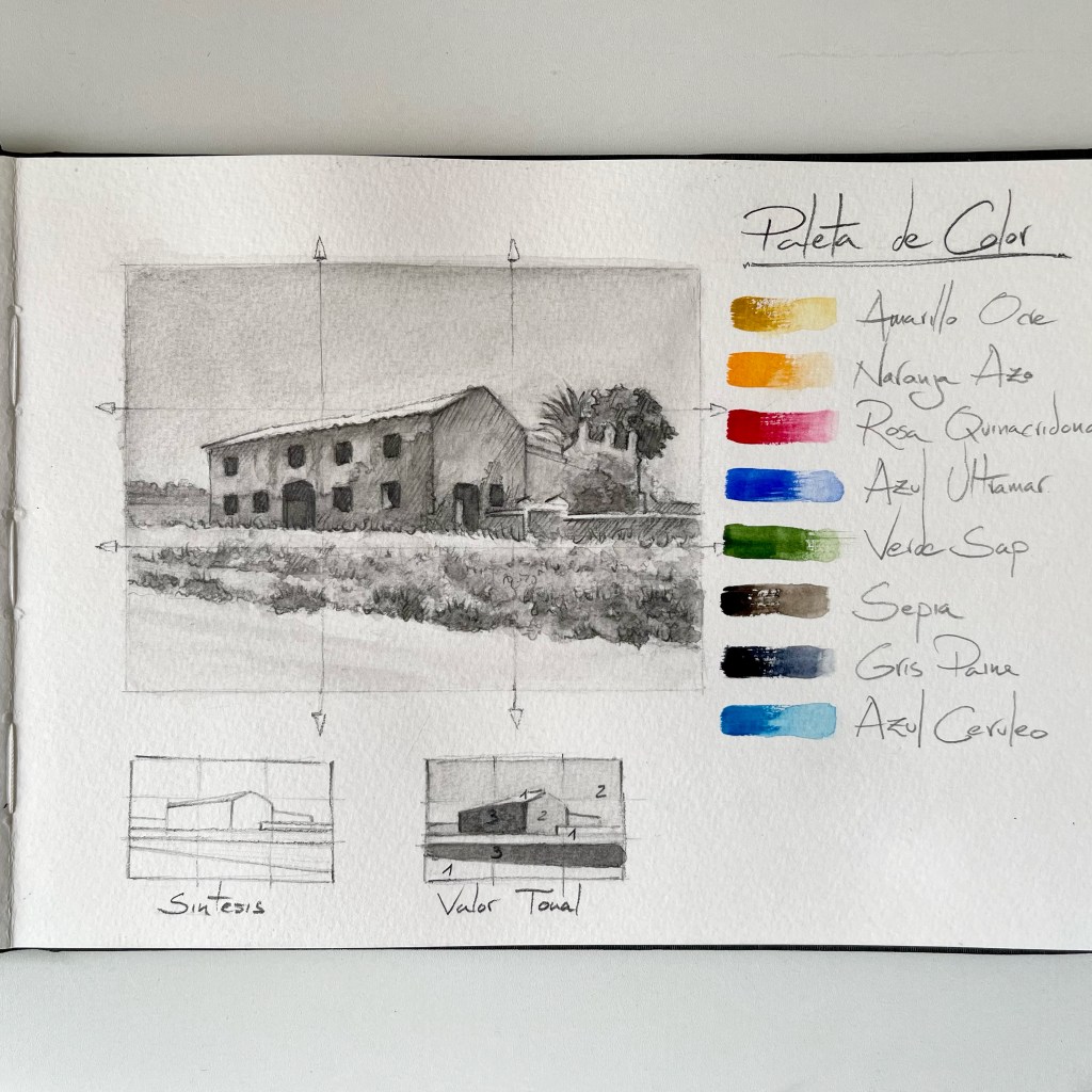 Sketch and palette study for the watercolor painting “Rear View of La Salina de Dolores”.