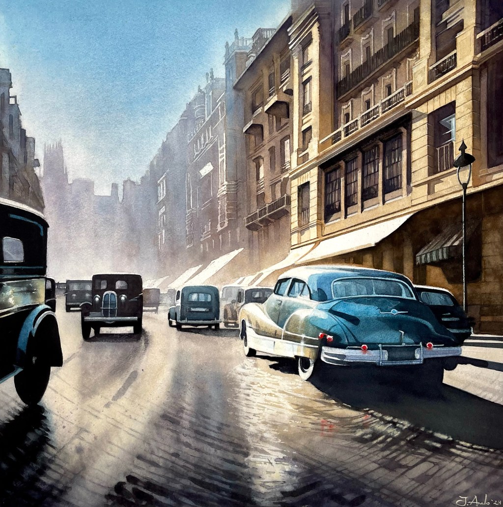 Watercolor Painting: Traffic in Gran Vía, Madrid,&nbsp;1950s