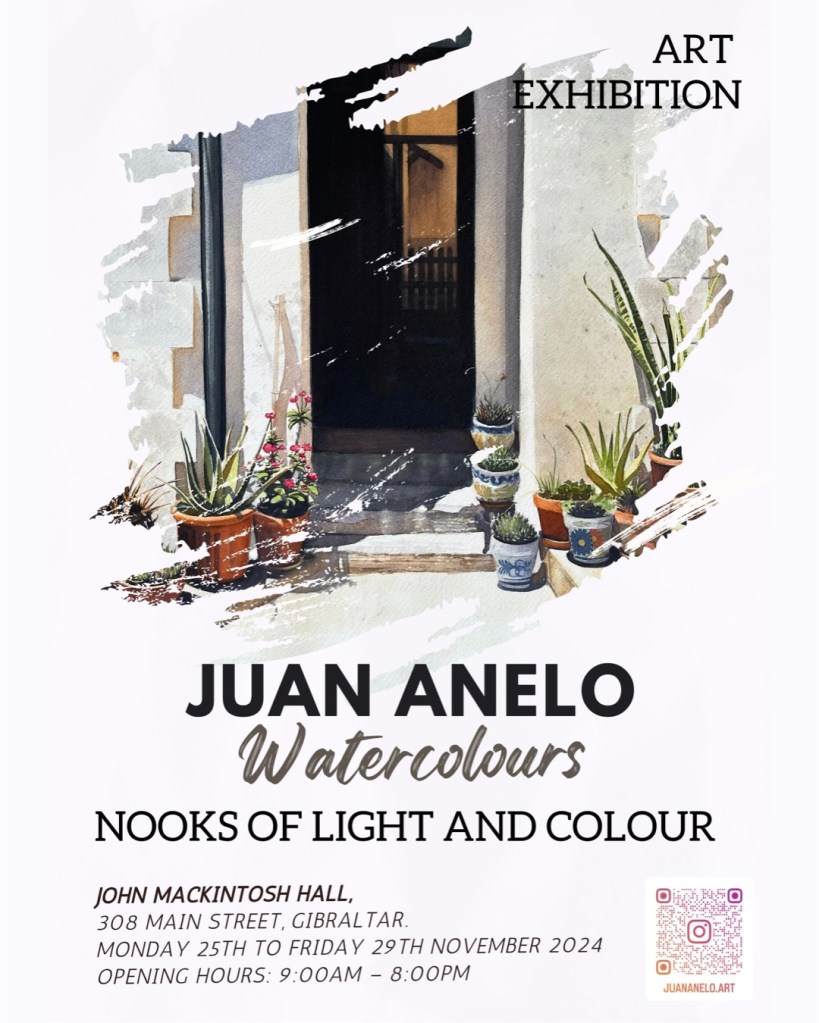 Poster for the watercolor exhibition “Nooks of Light and Colour” by Juan Anelo, held at John Mackintosh Hall in Gibraltar.