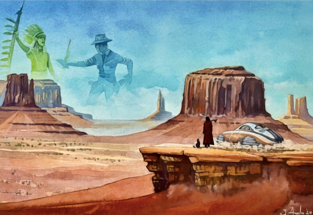 Watercolor painting of a futuristic figure and cat overlooking a Western landscape with ghostly cowboy and Indian toy figures in the sky.