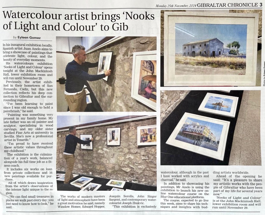 Screenshot of Gibraltar Chronicle’s article about Juan Anelo’s watercolor exhibition Nooks of Light and Colour.