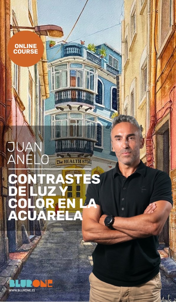 Poster for the online watercolor course "Contrasts of Light and Color" by Juan Anelo on Blurone