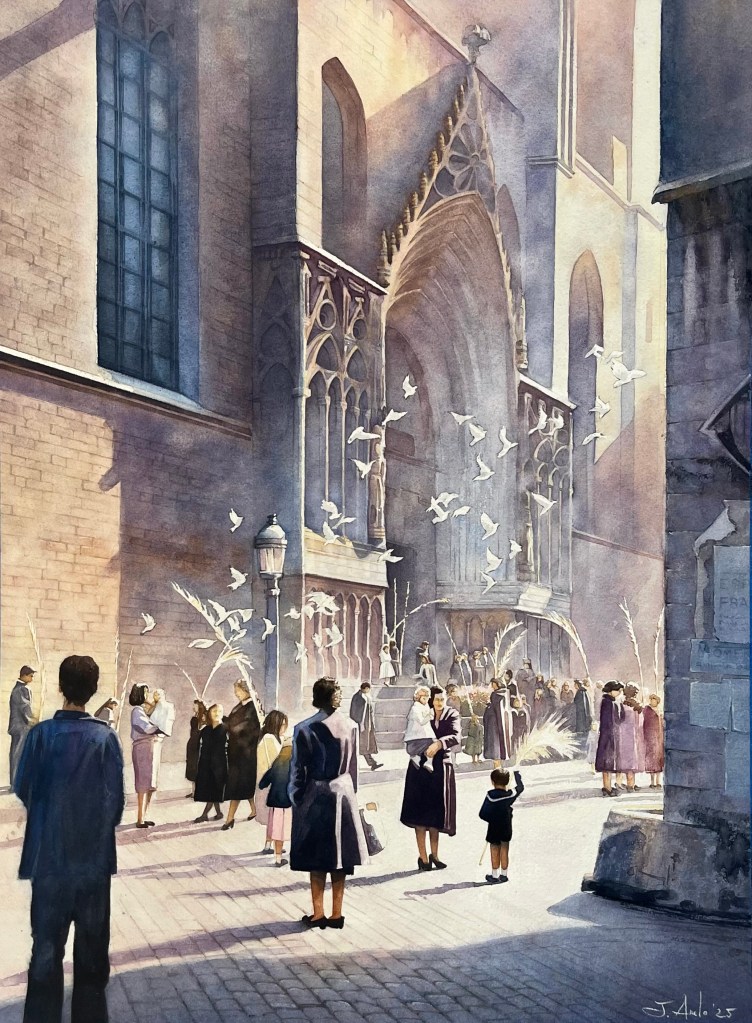 Watercolor painting of Palm Sunday celebration at Barcelona Cathedral, with people holding palm leaves, morning sunlight, and flying doves