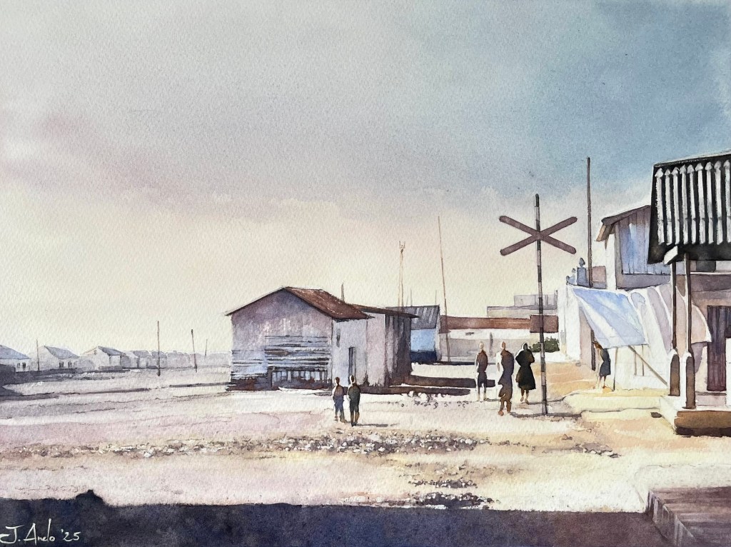Watercolor Painting: Sunset on the Outskirts of Málaga in the 1960s