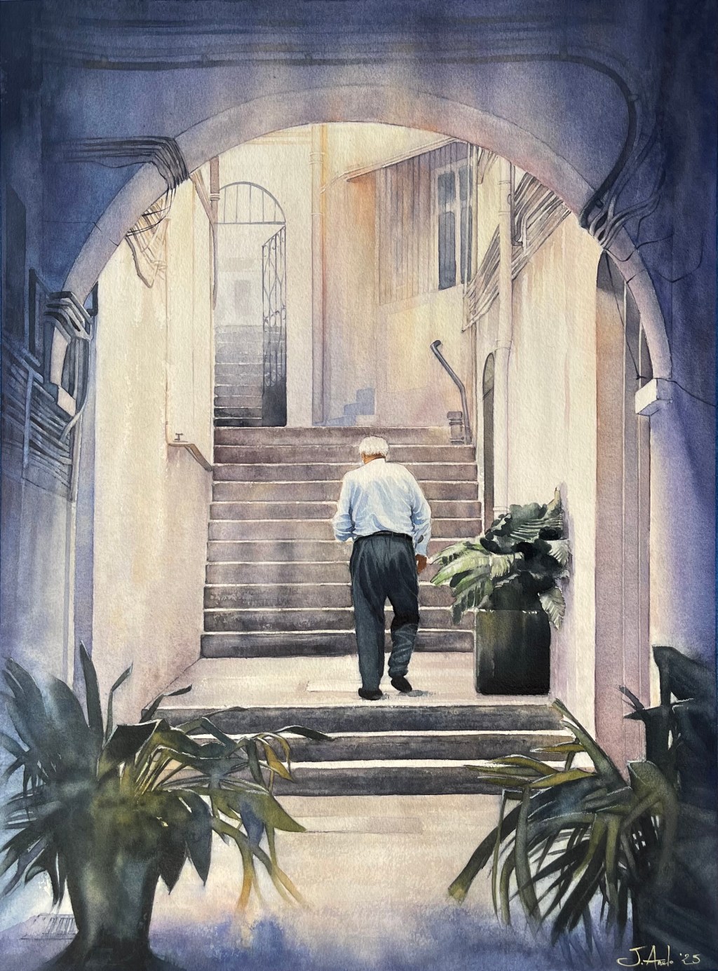 Watercolor Painting: The Quiet Ascent in Gabino’s Court