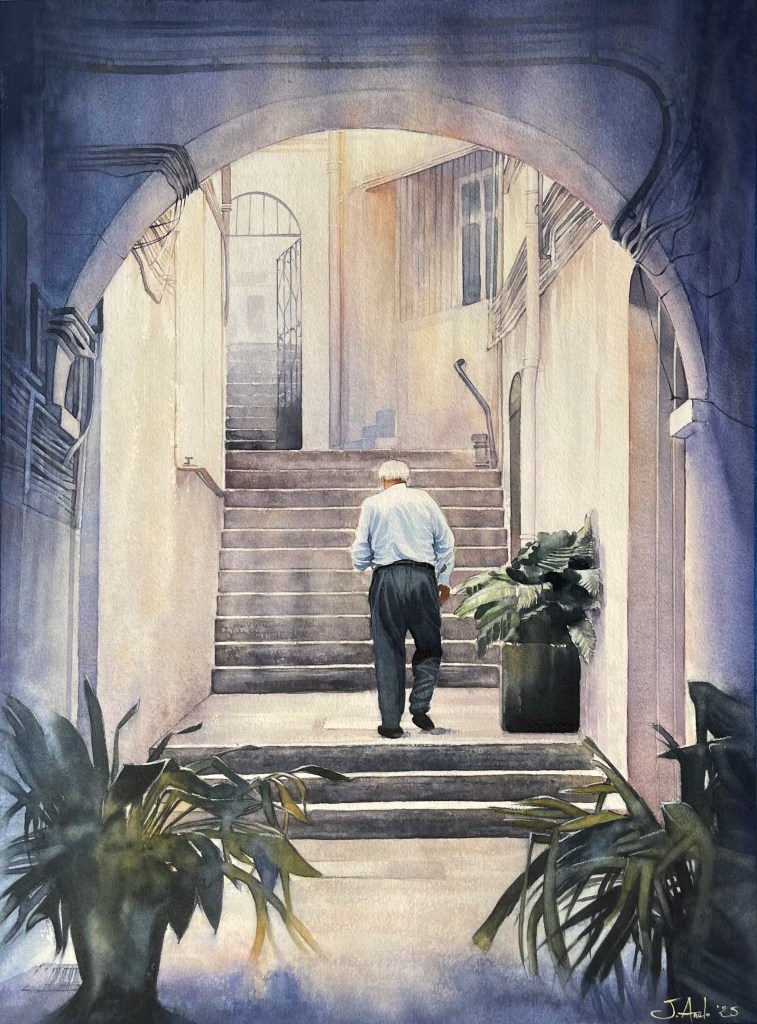 Watercolor painting of a man ascending a quiet staircase in a sunlit Gibraltar alley.